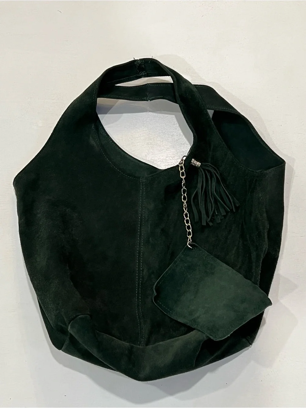Suede Hobo Bag with Tassel Accent in Black